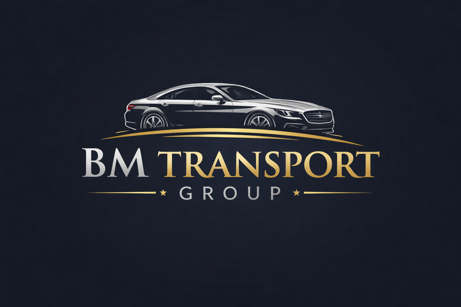 Logo for BM Transport Group featuring a black luxury sedan and gold and white text.