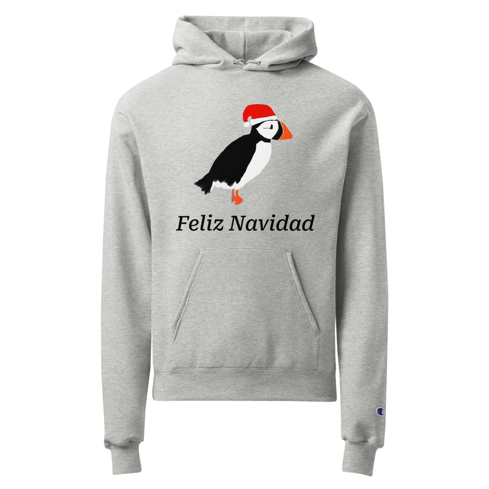Gray hoodie with a penguin wearing a Santa hat and the words "Feliz Navidad" underneath. Holiday and Christams Shopping Bright Blue Art Company
