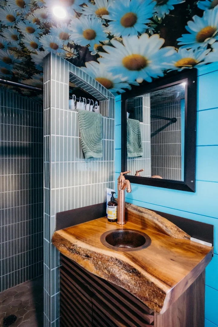 A bathroom with a wooden sink countertop, a copper faucet, a mirrored cabinet, blue shiplap wall, a green towel, and a ceiling with a floral daisy pattern.