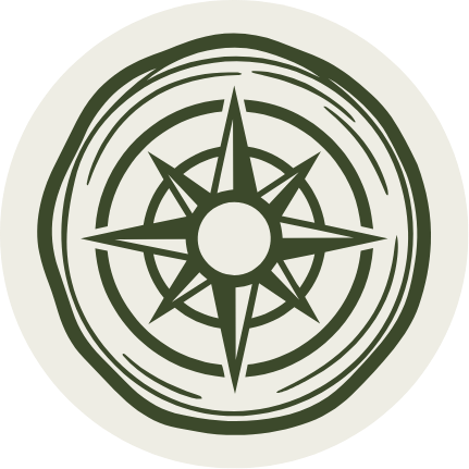 Green and white stylized compass rose design with swirling circular lines.