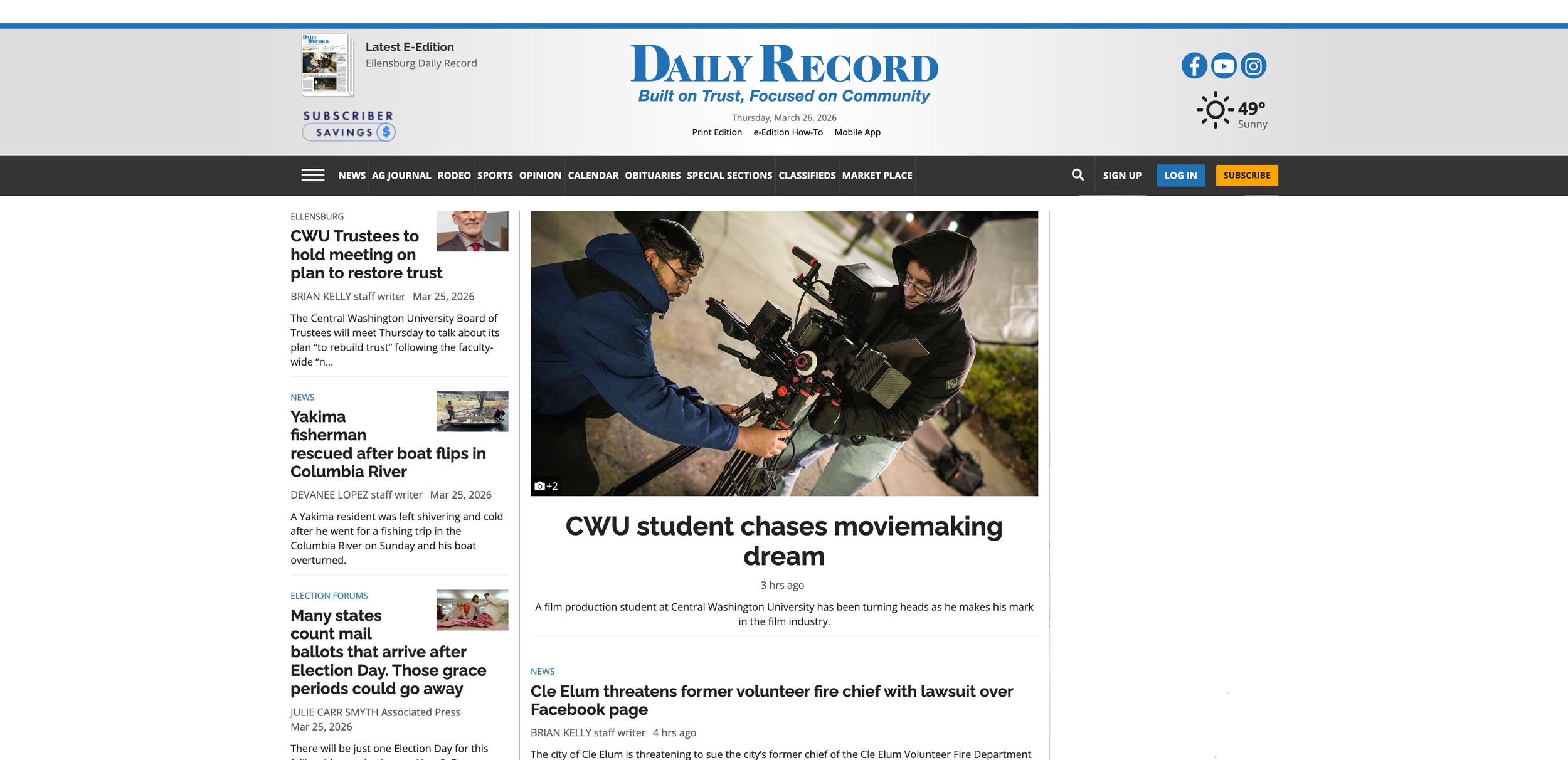 Ellensburg Daily Record front page feature on Gurdil Dardi, film director and producer, March 26, 2026