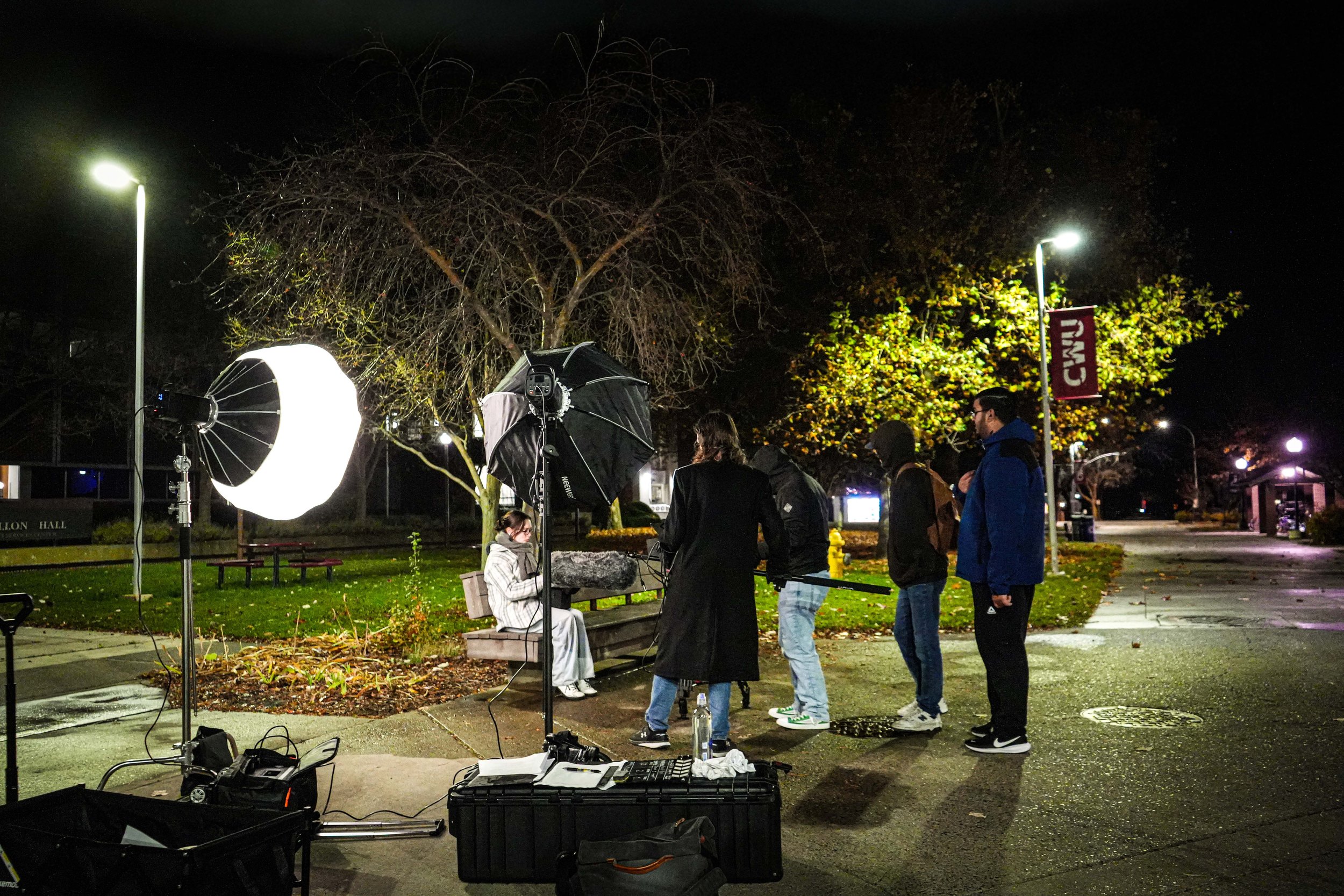Nighttime commercial video production setup by ARC Lens Productions with professional lighting equipment