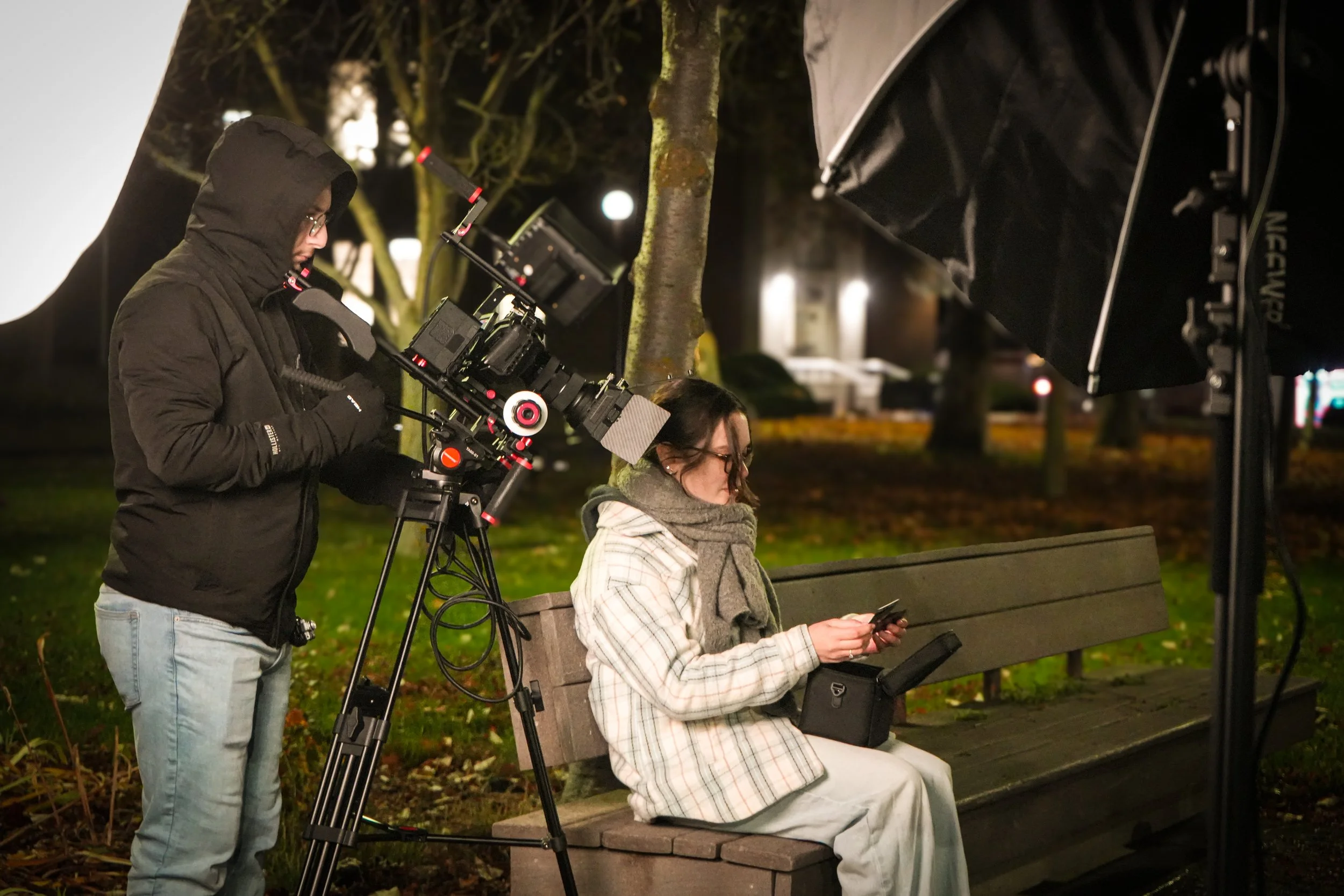 Behind the scenes nighttime narrative film production with professional lighting and cinema camera by ARC Lens Productions