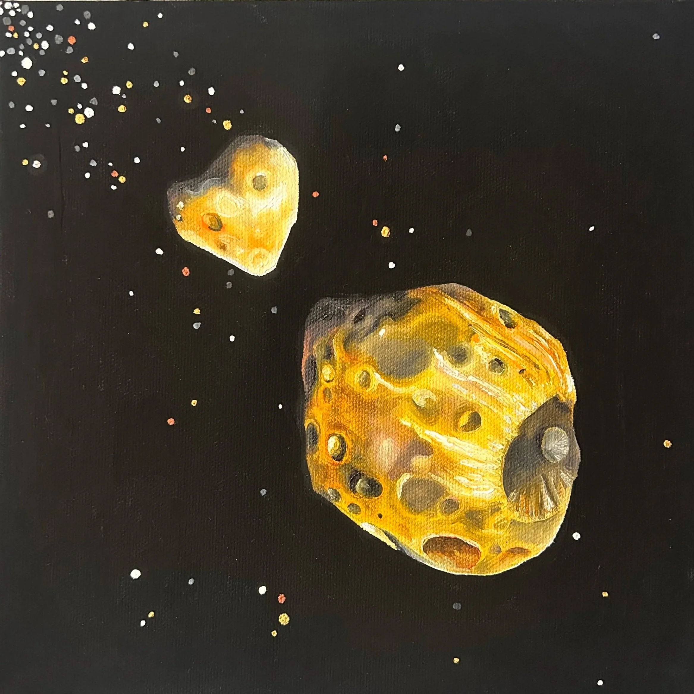 Phobos and Deimos (Fear and Dread), Moons of Mars
Oil and Acrylic on Canvas
10" x 10"
