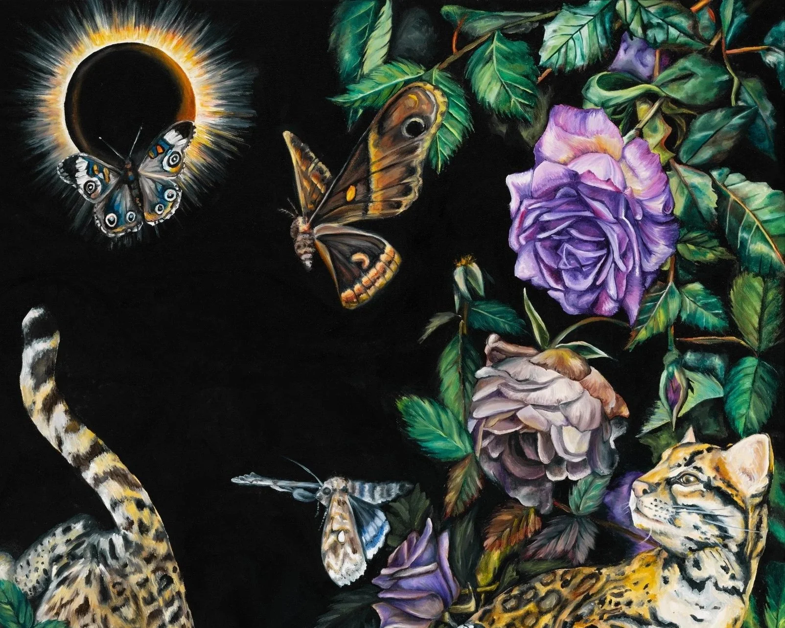 Painting of a leopard near purple roses with various butterflies and a moth flying near a sun or eclipse in the background.