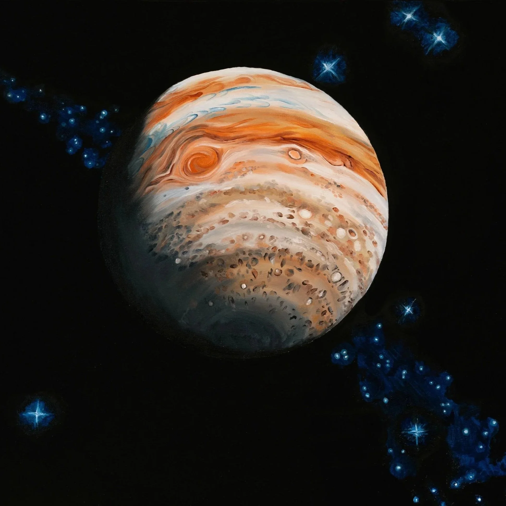 A realistic painting of Jupiter with its swirling clouds and storms, surrounded by stars and a star cluster on a black background.