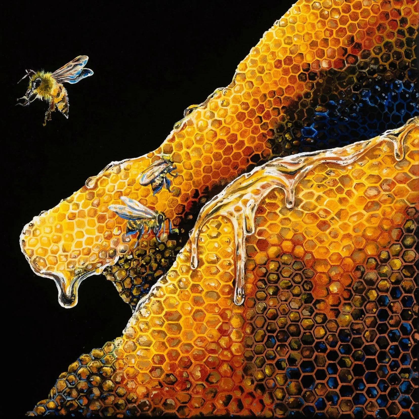 Close-up of honeycomb with bees and dripping honey.