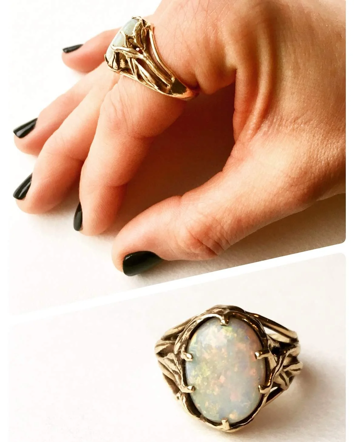 Close-up photo of a gold ring with an opal gemstone, worn on a woman's finger with black nail polish.