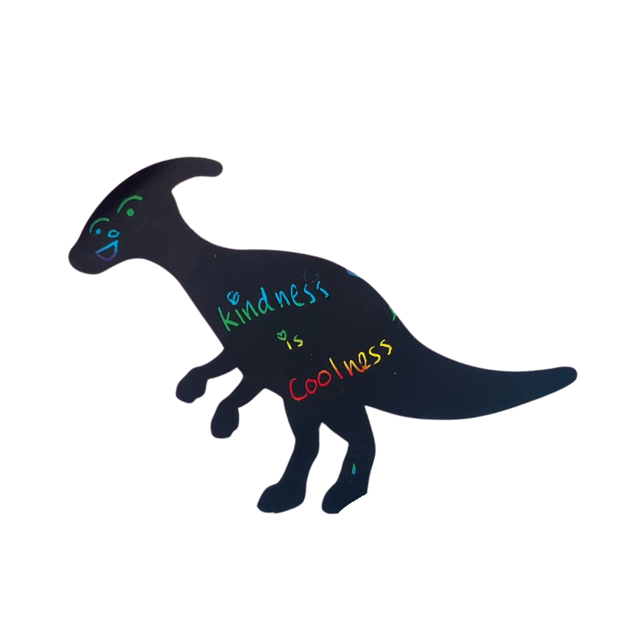 A chalkboard dinosaurs with colorful handwritten words such as kindness and coolness, and drawn facial expressions. The dinosaur's face is smiling with closed eyes and a wide grin.