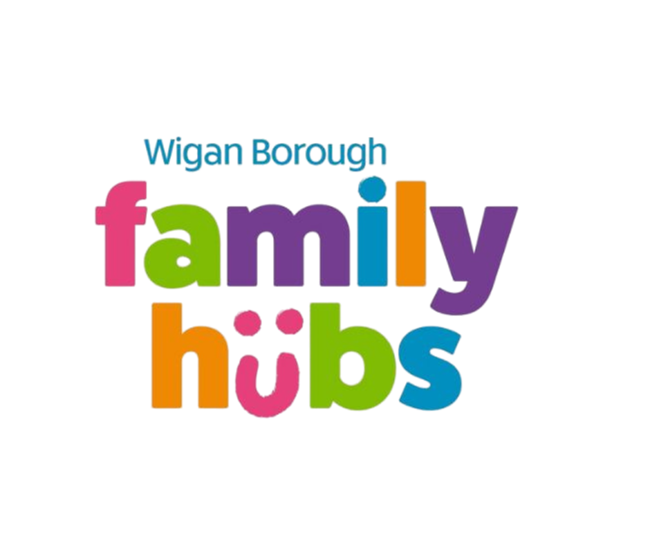 Colorful Lego-style block letters spell out "Family Hub" with smaller text above reading "Happy Family."