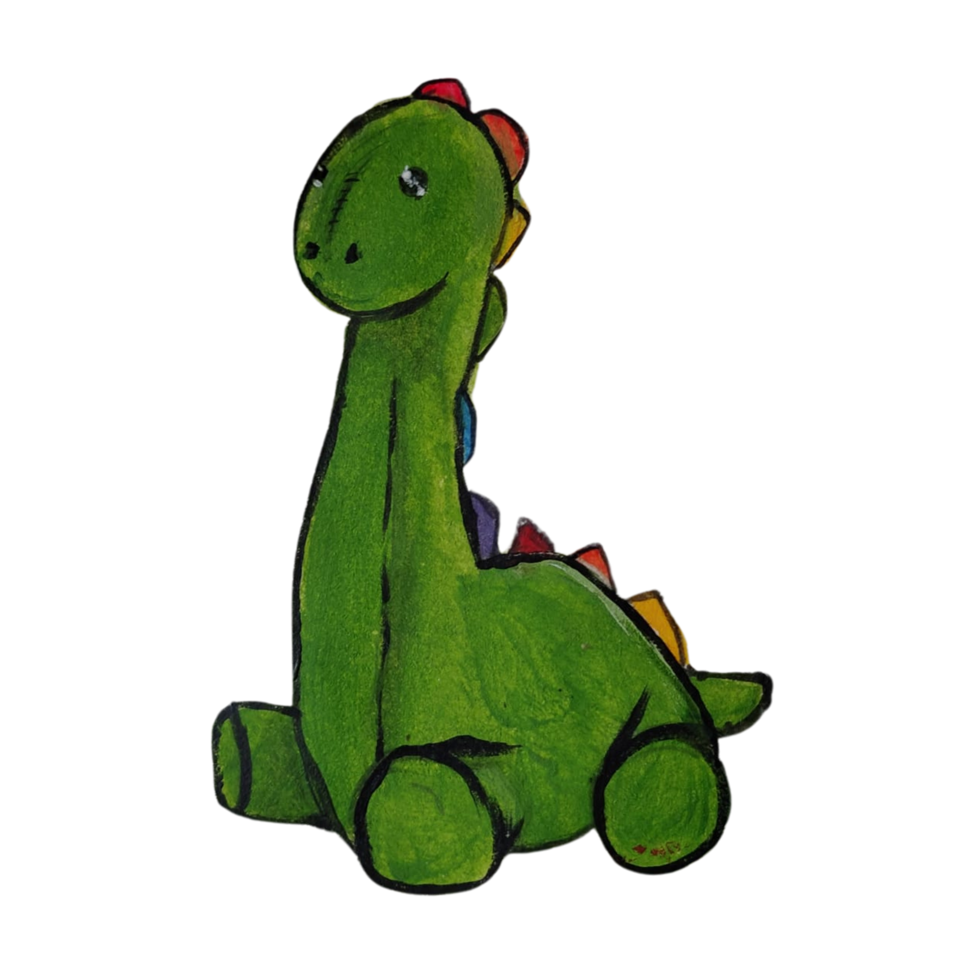 Hand-drawn green dinosaur with red spikes on its back, black eyes, and a friendly expression.