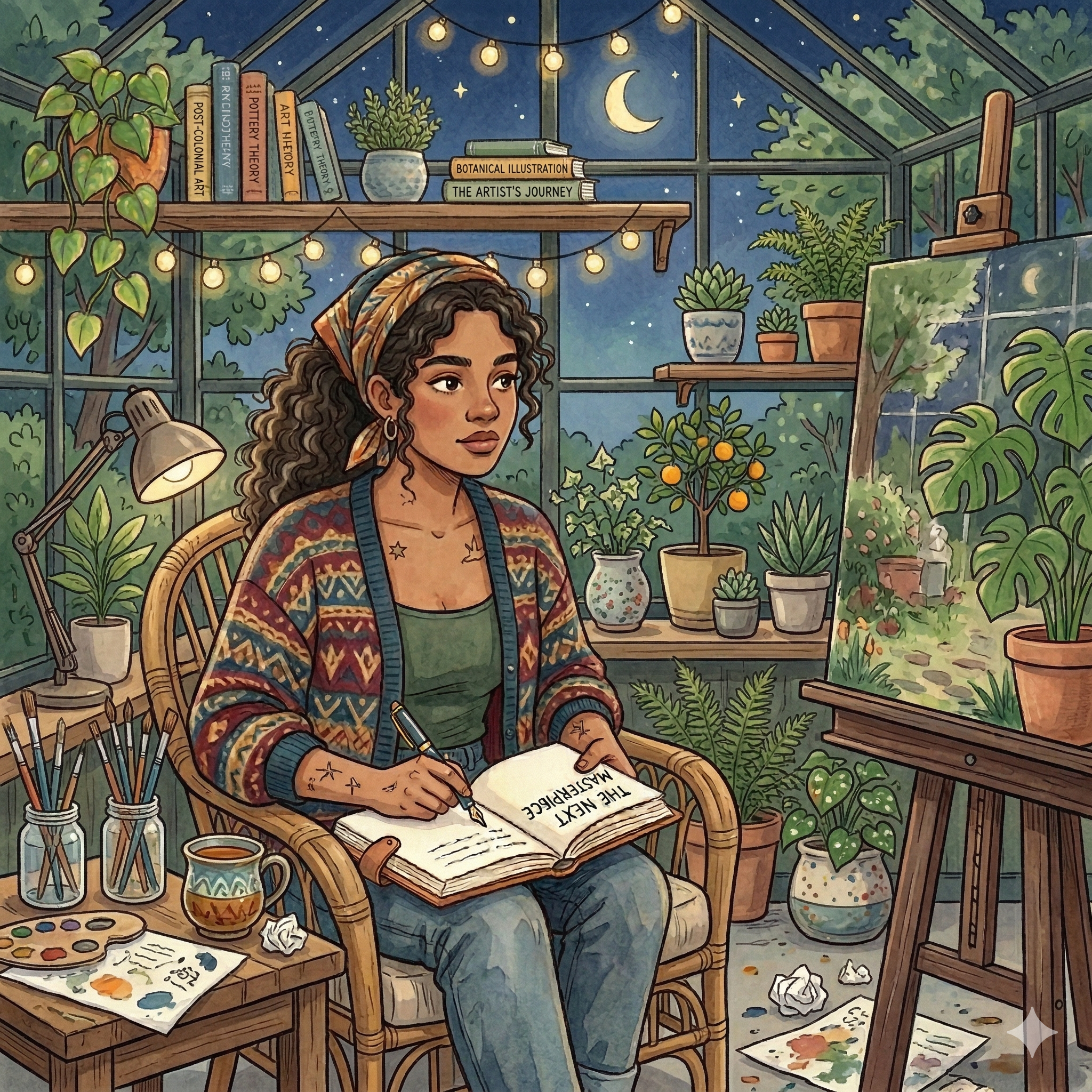 A woman sits in a chair inside a creatively designed room.