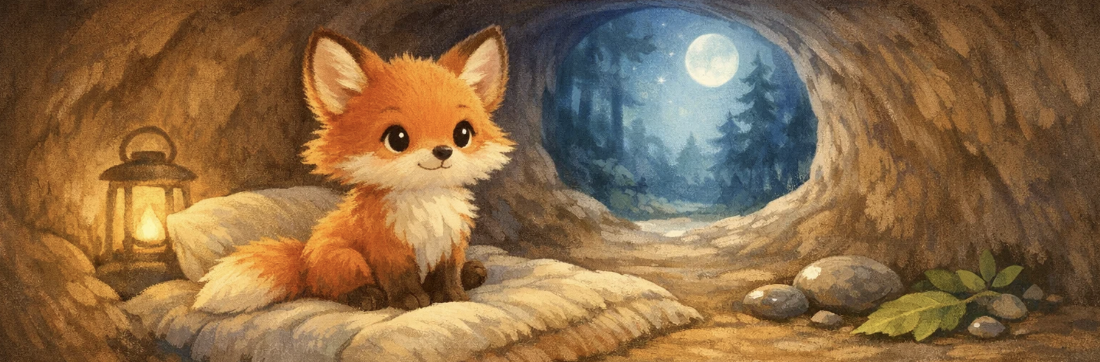 Baby fox in a den with the night sky calling it to go out and play instead of go to sleep like he should.