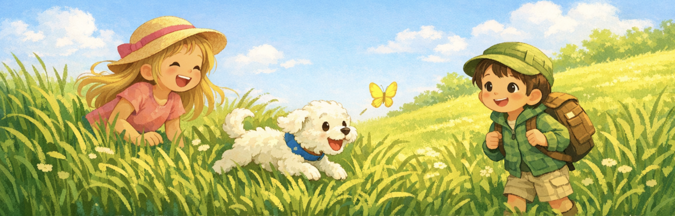 Child playing with a dog in the grass