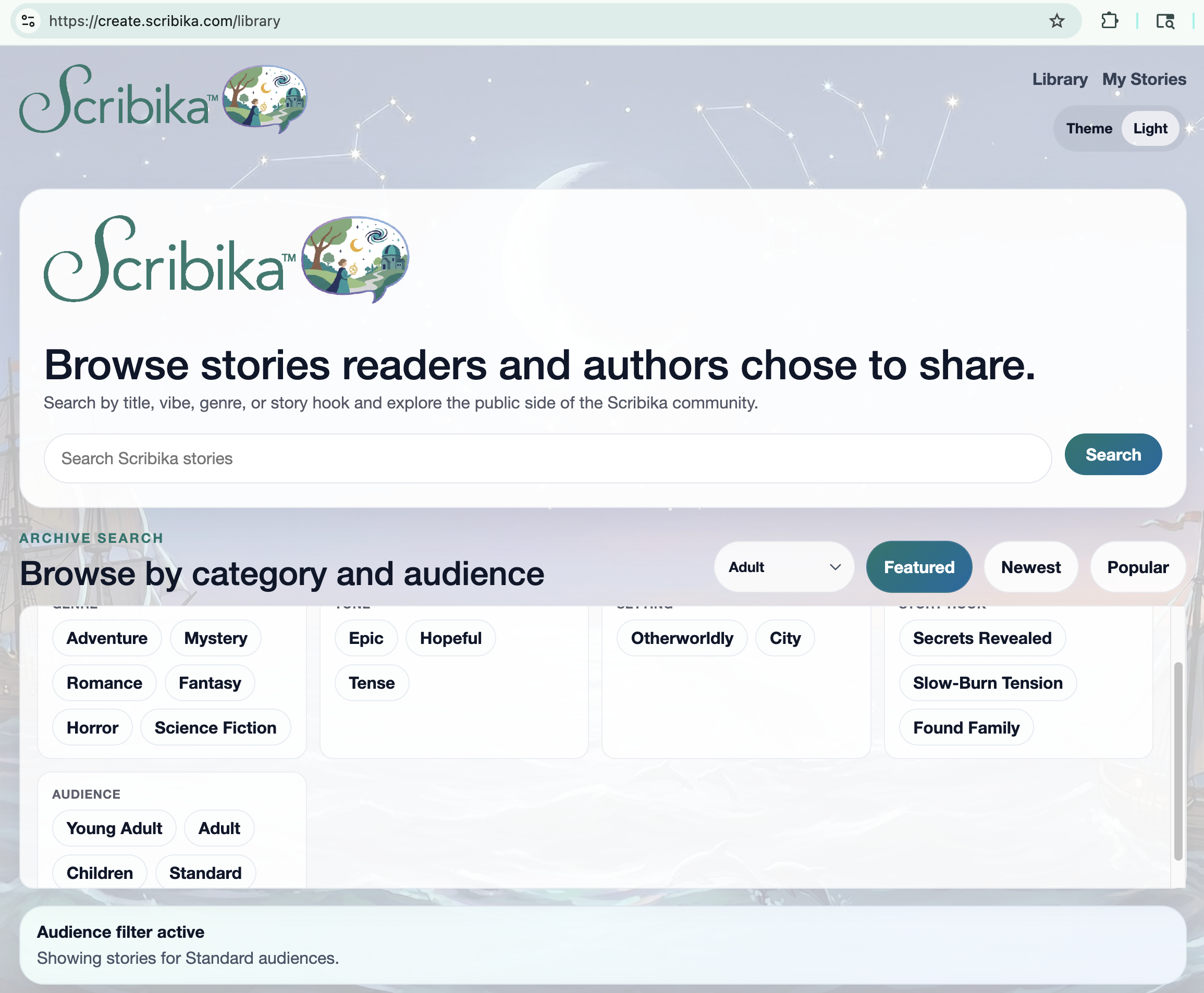 Screen capture of the Public Library for the web application, create.scribika.com.