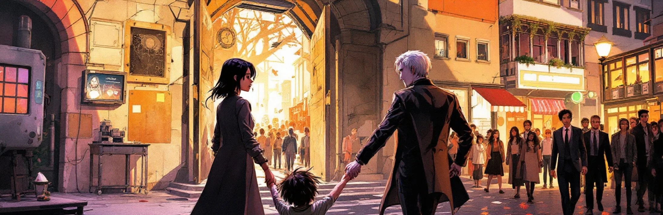 Futurist street Scene of a woman, man and child holding hands whileother people walk on the street with them.