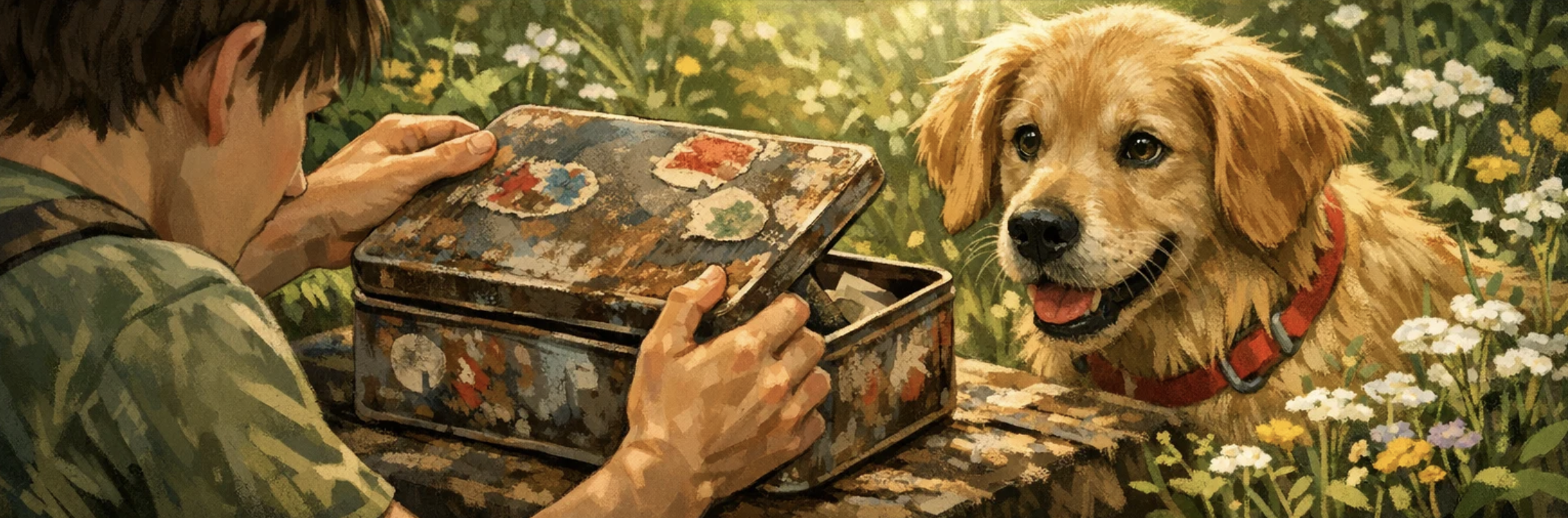 Golden Retriever dog looks excitedly at an opening box.