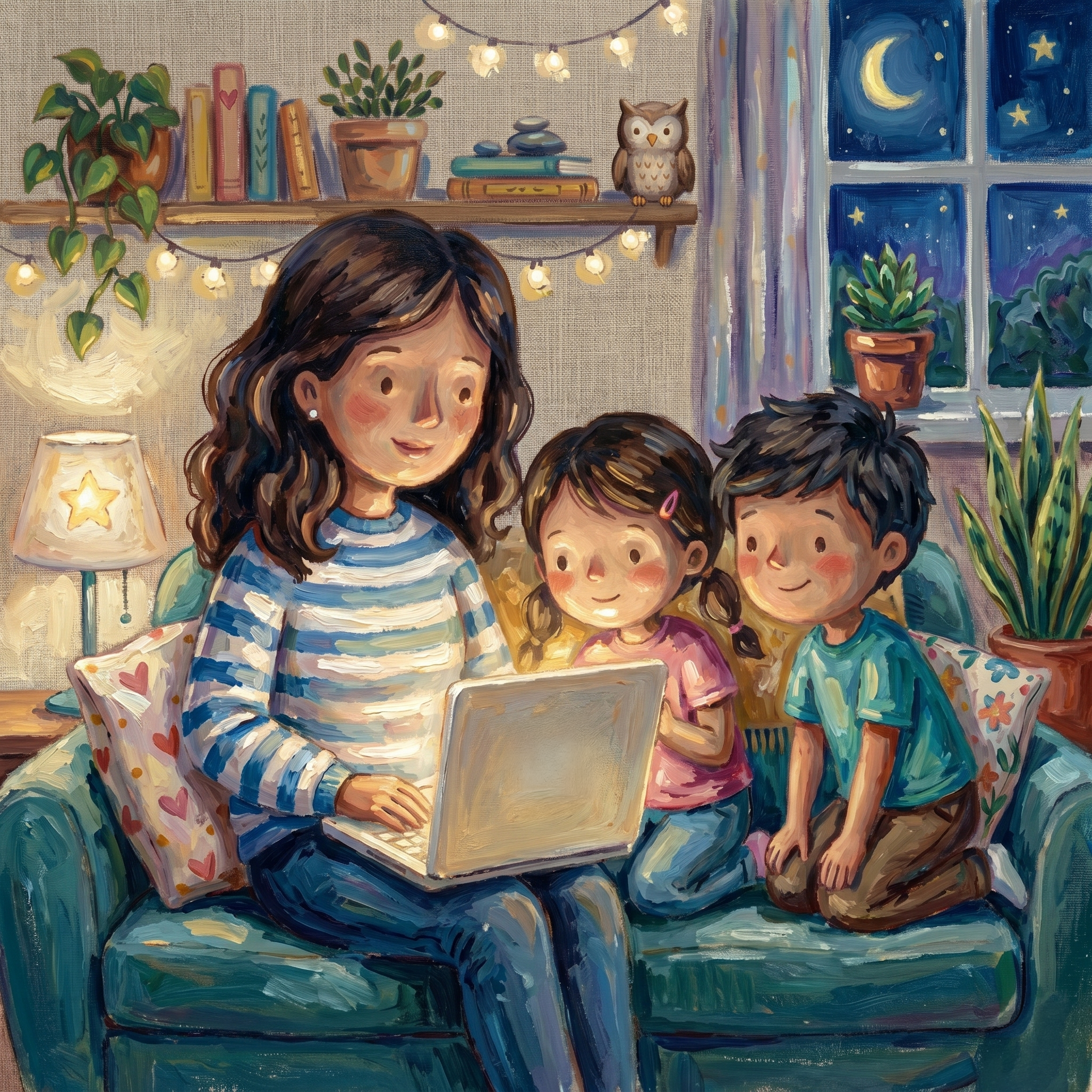 Illustrative image of a mother and two children sitting on a couch reading a story on a laptop.