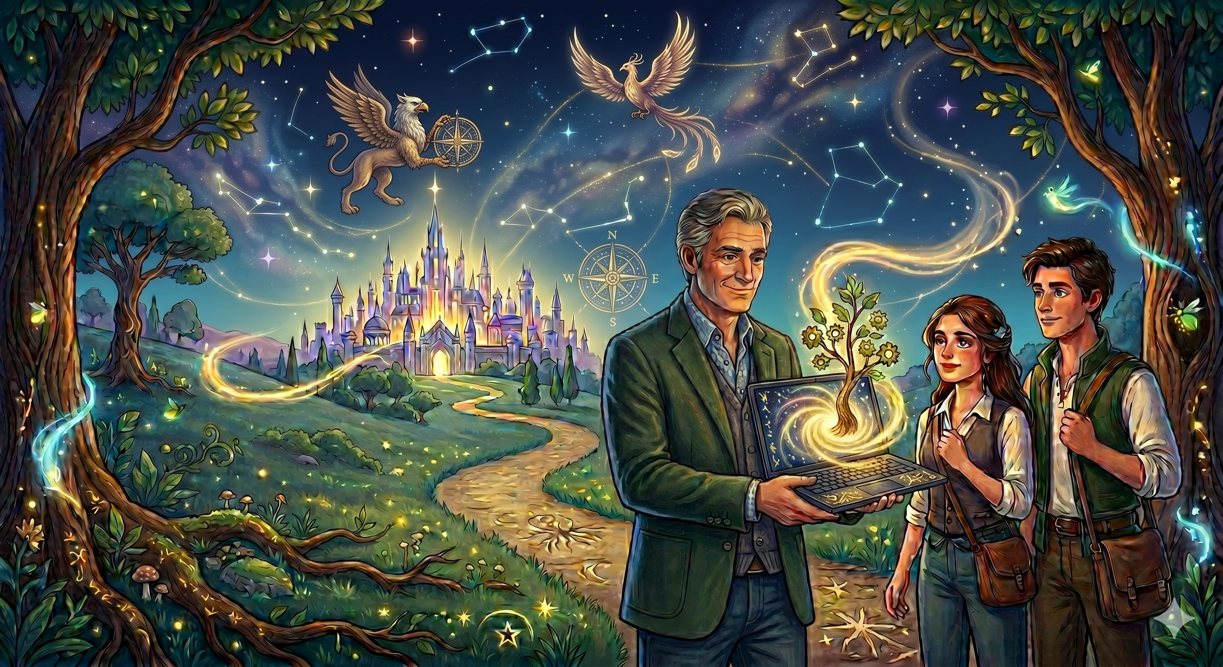 Magical Scene with a man holding a laptop with a magical tree coming out and flowing into a night sky full of Magic.