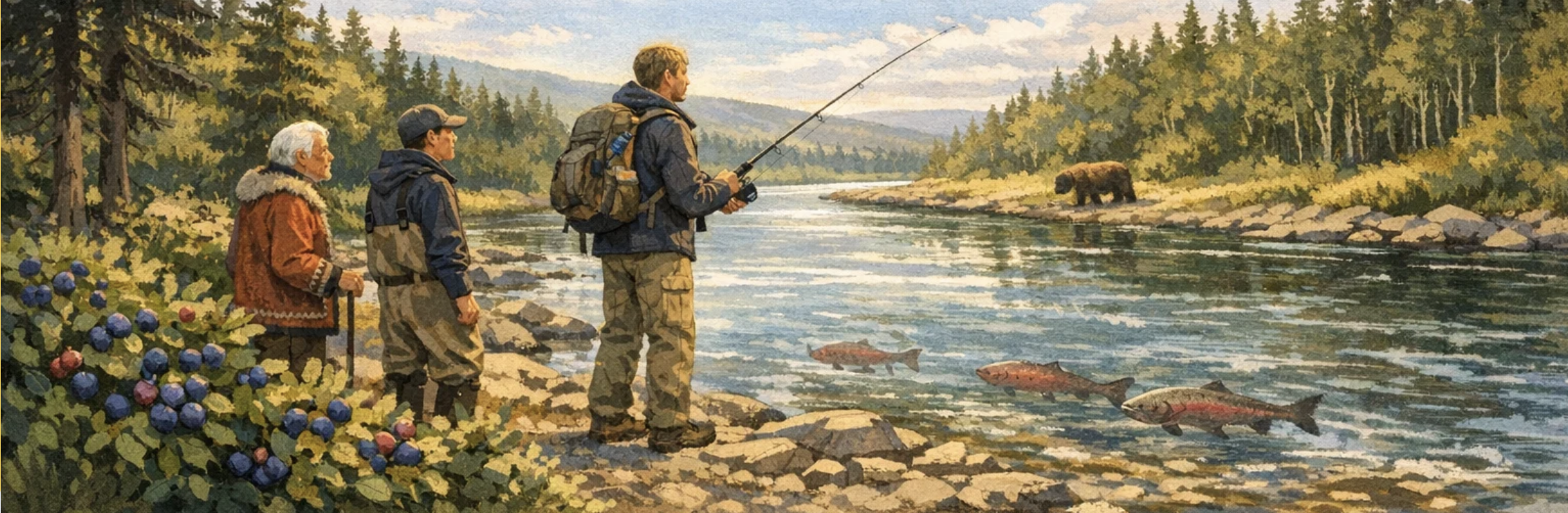 Man flyfishing on river in Alaska with salmon and bear in the scene.