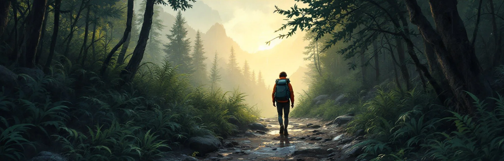 A person walking in the mountains near sunset.