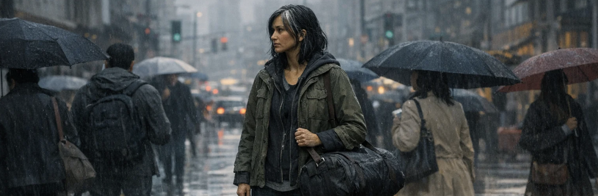 Woman on the sidewalk on a rainy day.