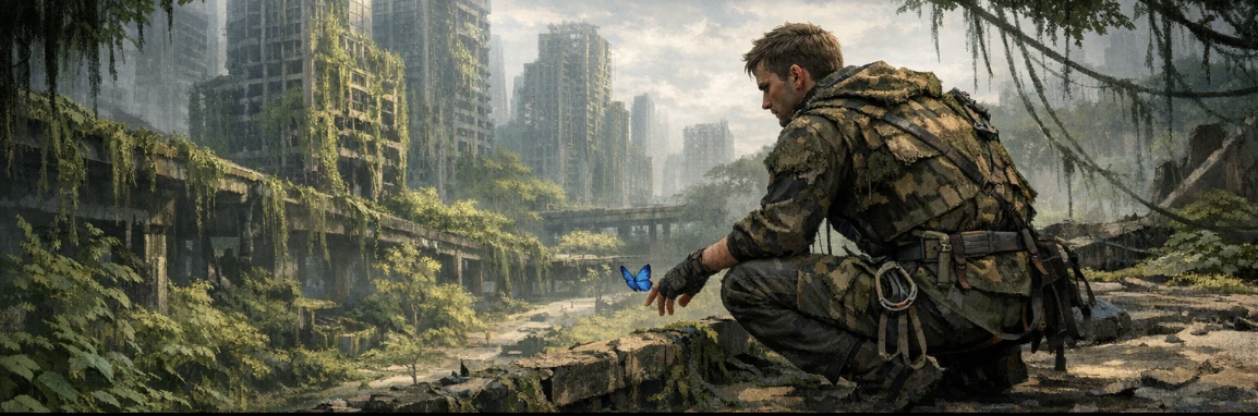 A man in fatigues in a deserted overgrown wasteland. A blue butterfly shows hope for the future.