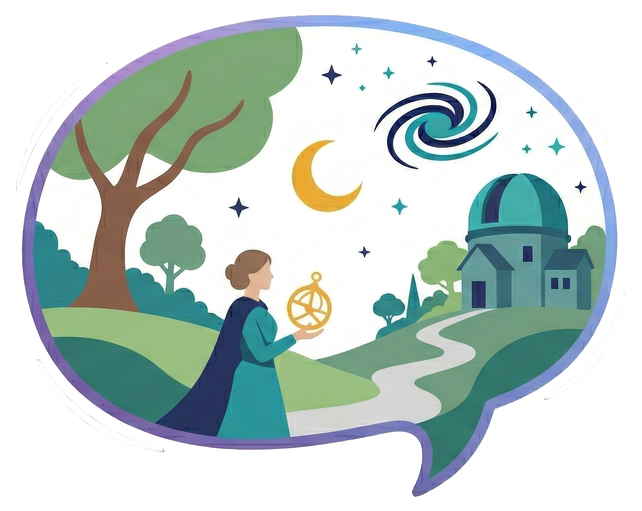 Scribika™ logo that has the shape of a blurb outside with a hill scene with tress, path, observatory and a woman holding a compass with stars and moon in the sky.