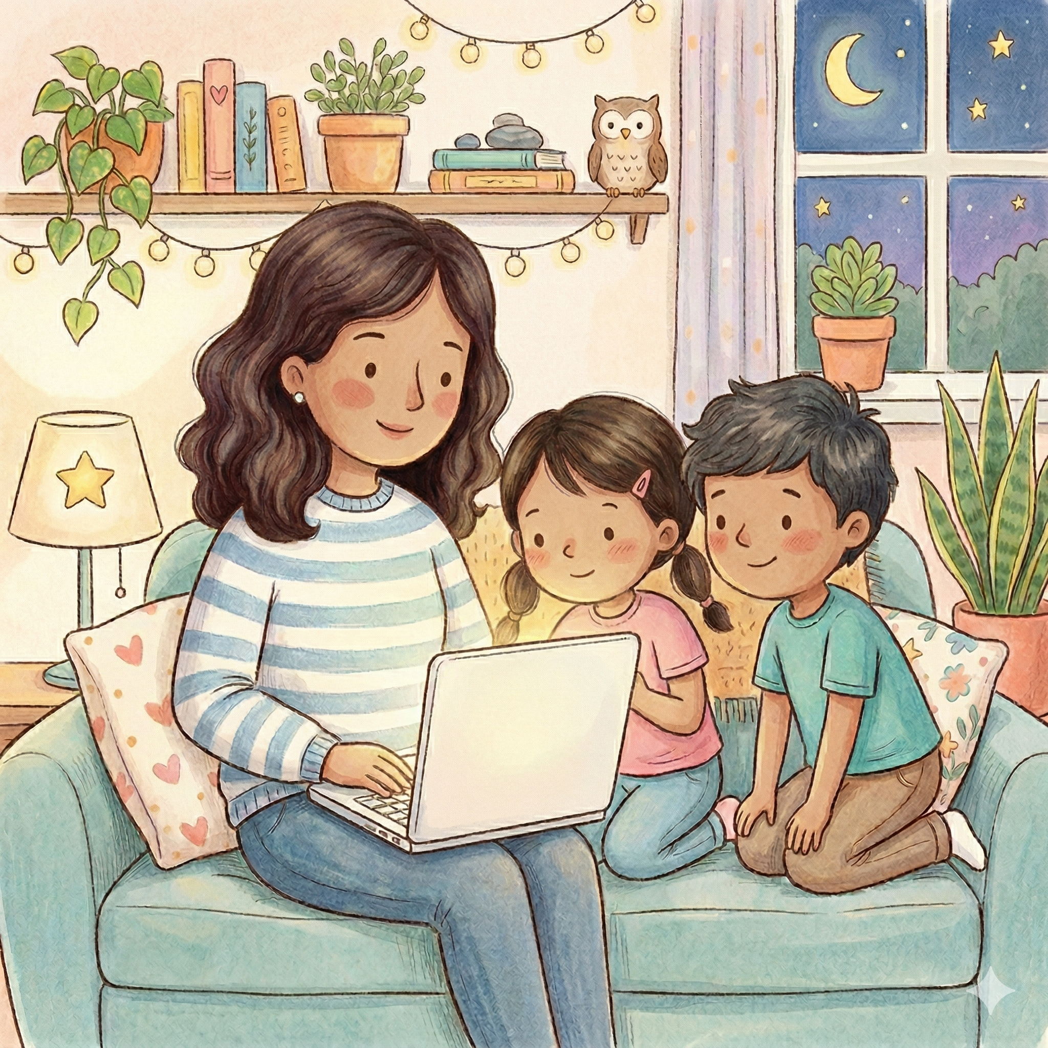 Illustrative image of a mother and two children sitting on a couch reading a story on a laptop.
