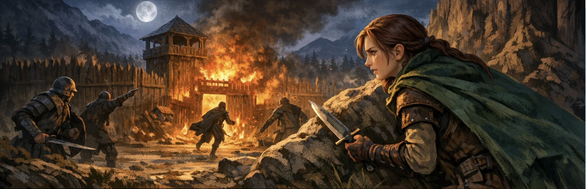 Battle scene of a town being burned and a female heroine with a knife plans her next move.