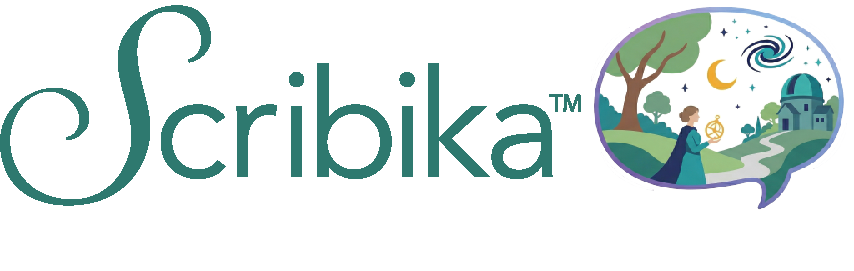 Scribika™ logo with name and logo has a blurb shape outside with a hill scene with tress, path, observatory and a woman holding a compass with stars and moon in the sky.
