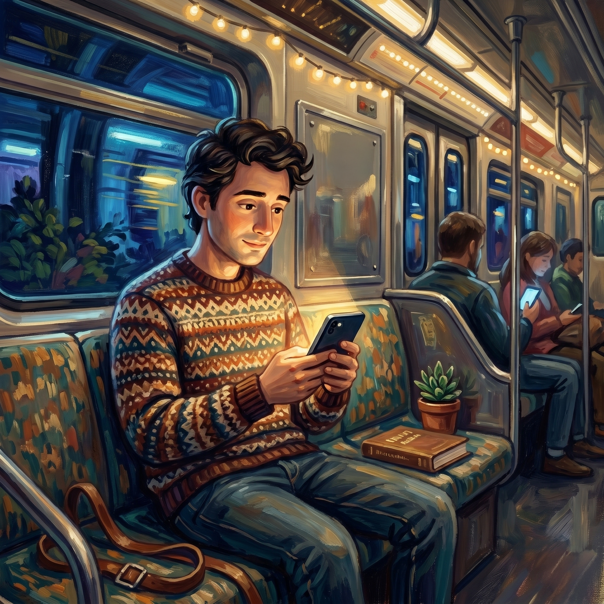 Man on a train looking at his cell phone.