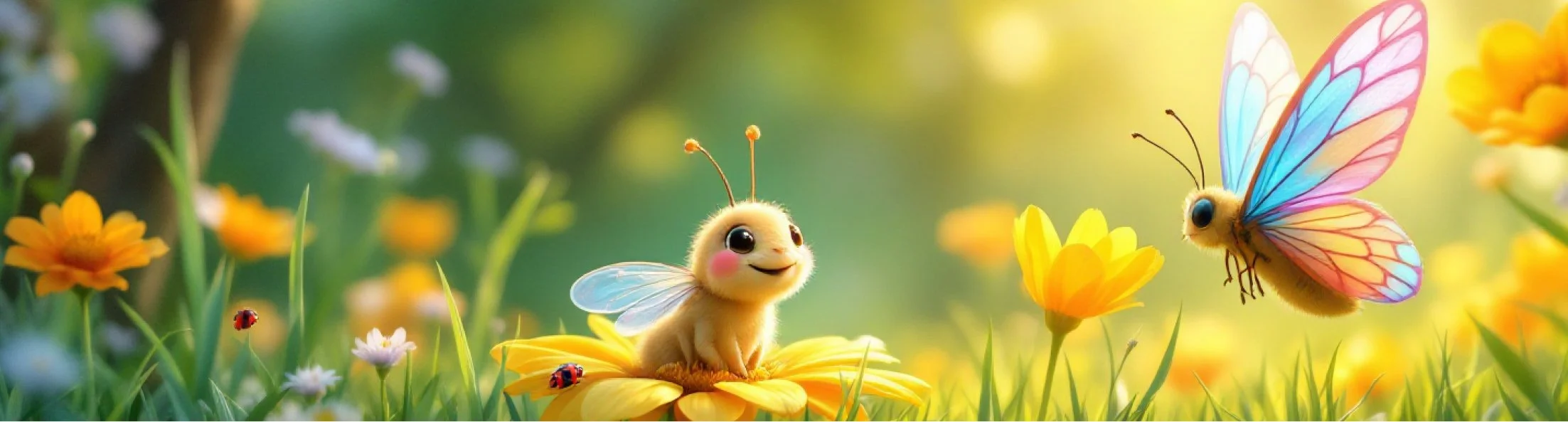 A whimsical, brightly colored butterfly with yellow flowers and grasses.