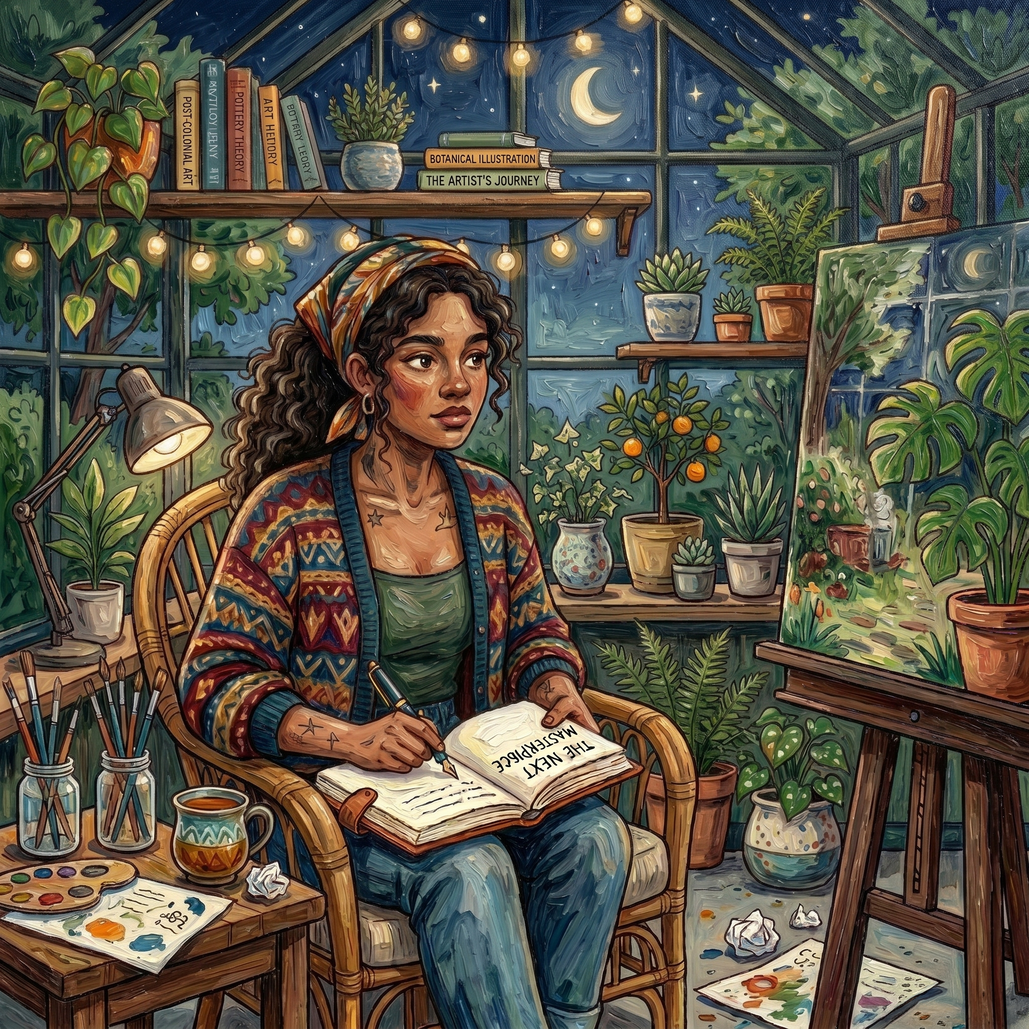 A woman sits in a chair inside a creatively designed room.