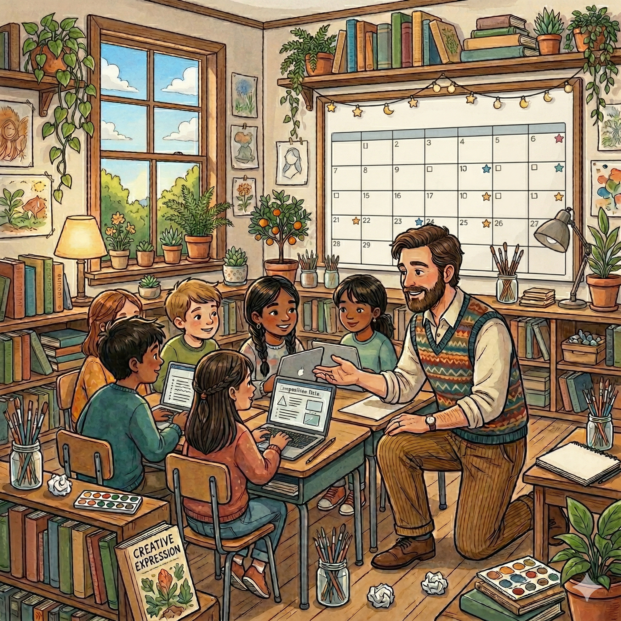 Six students and a teach sit around desks and reading for laptops.