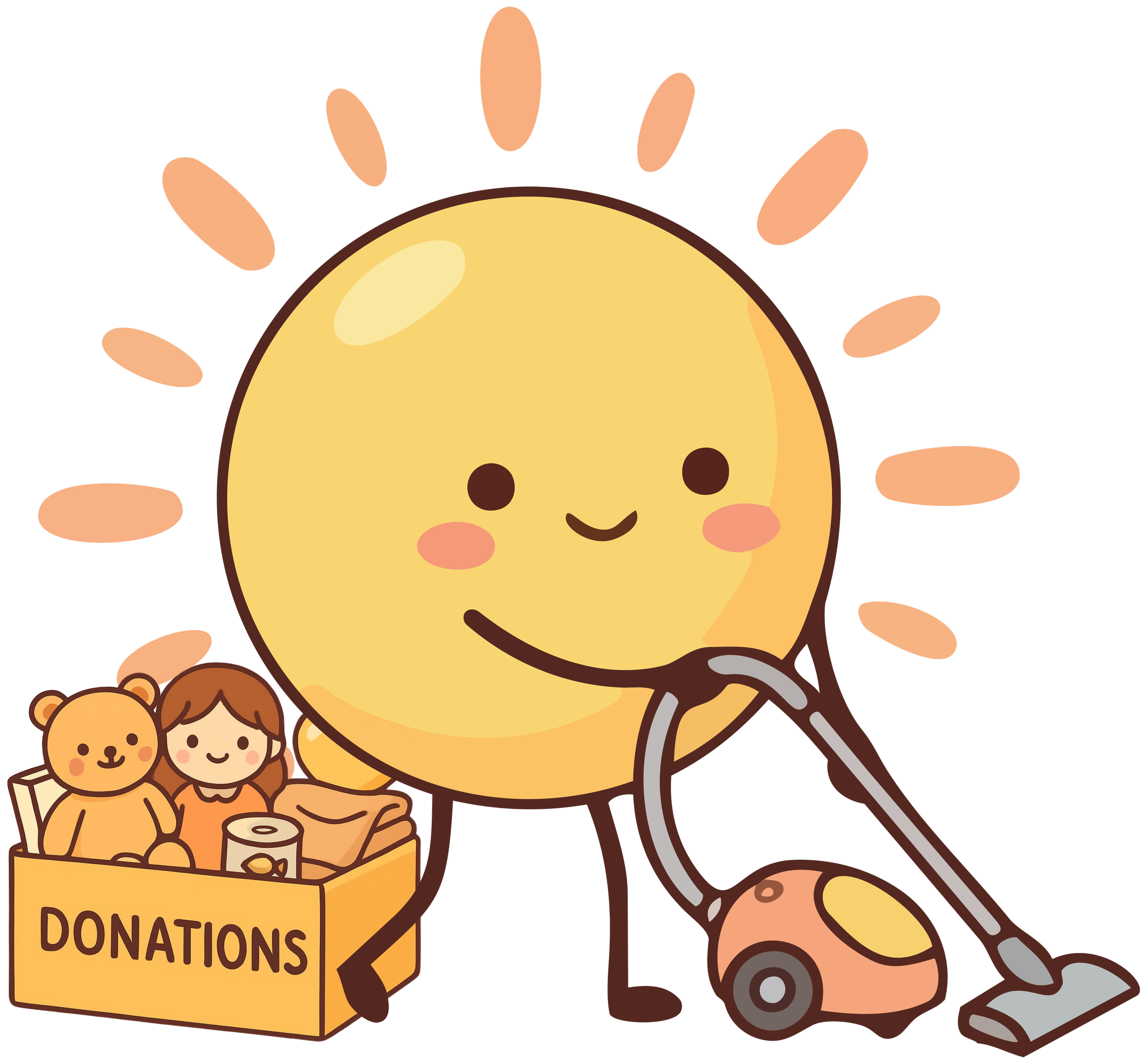 Cartoon image of a happy sun with a smiling face, surrounded by beige oval shapes resembling rays. In the bottom left, there is a box labeled 'DONATION' containing three cartoon teddy bears and a roll of toilet paper.