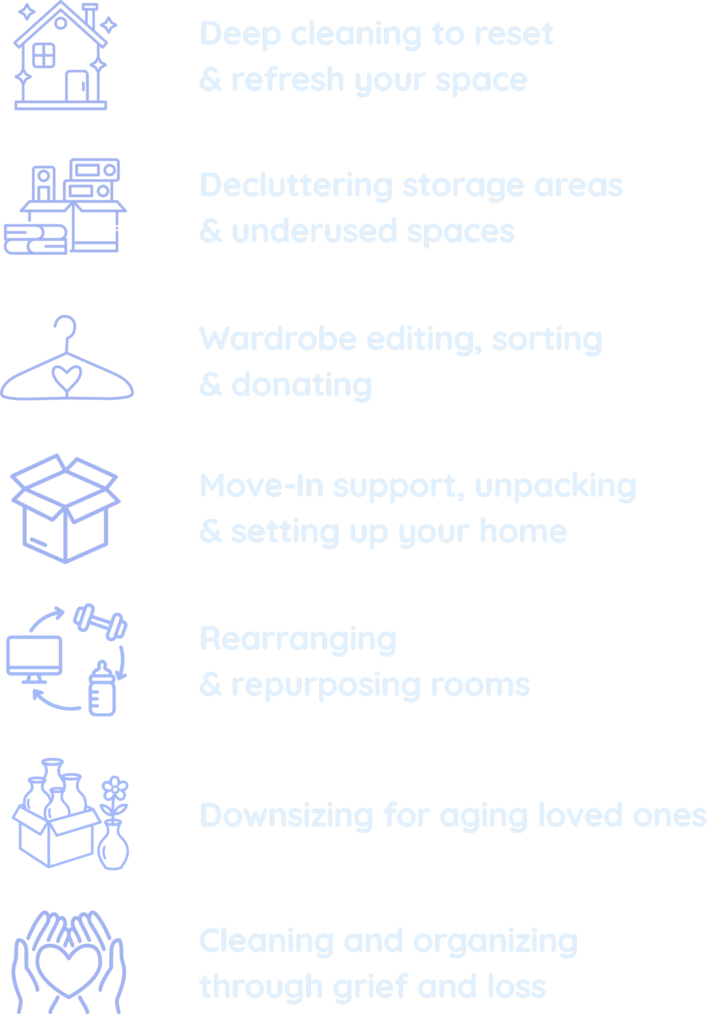 A list of home cleaning and organization tips with icons, including deep cleaning, decluttering, wardrobe editing, move-in support, rearranging, downsizing, and cleaning for grief.
