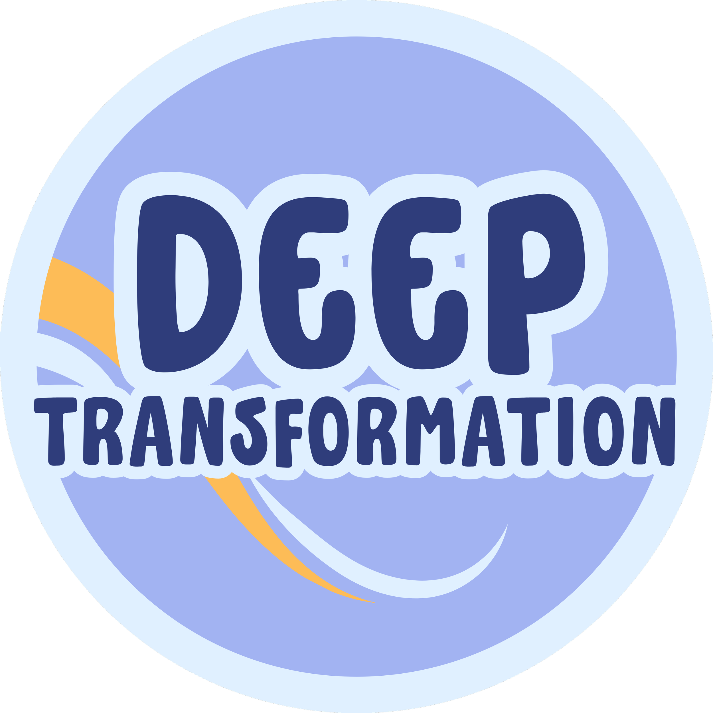 Close-up of a logo with the word "DEEP" in bold dark blue letters on a light blue circular background, with the word "TRANSFORMATION" visible below.