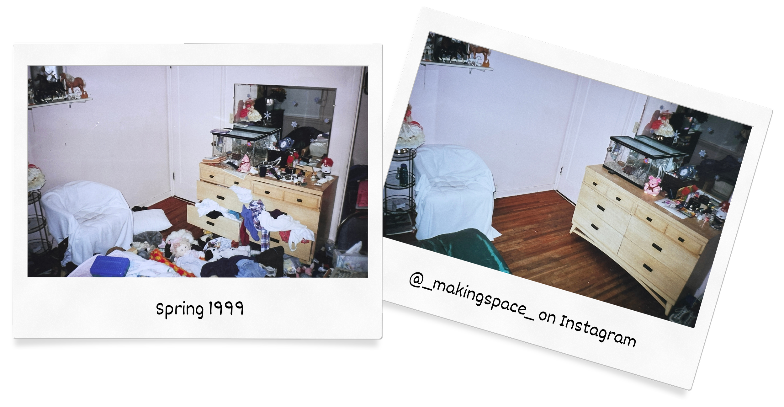 Comparison of a cluttered bedroom with a dresser and mirror on the left and a clean, organized room on the right, both shown in Polaroid-style frames.