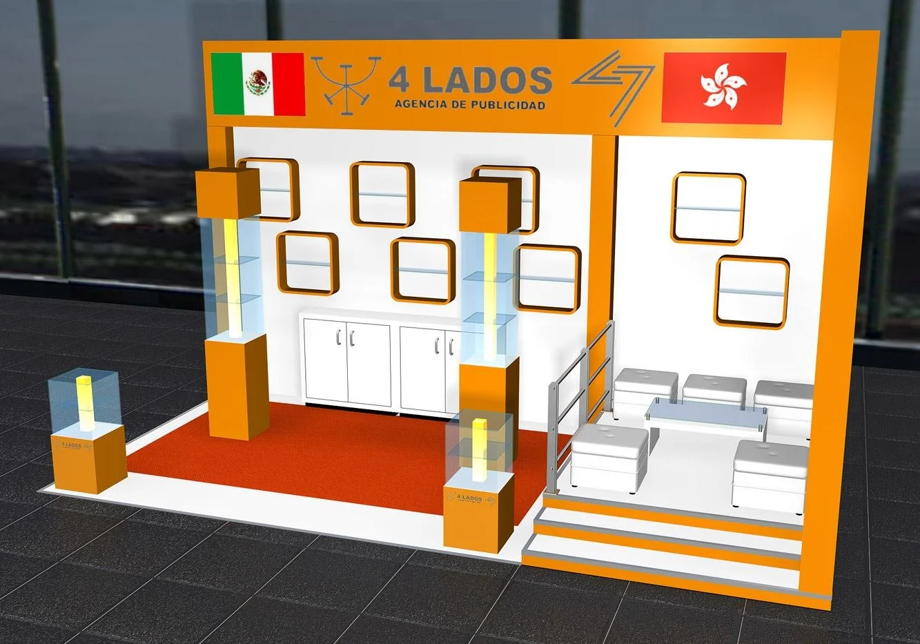 Un stand de exhibición de una agencia de publicidad llamada 4 Lados, con banderas de México y Hong Kong en la parte superior. El diseño incorpora estanterías y mobiliario en color naranjas y blancos, y varias áreas de exhibición con cuadros y vitrina