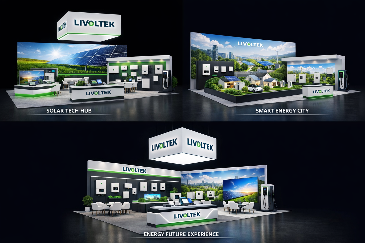 Exhibición de tecnología de energía solar y soluciones energéticas inteligentes por LIVOLTEK en tres secciones: Solar Tech Hub, Smart Energy City y Energy Future Experience, mostrando paneles solares, cargadores para vehículos eléctricos, pantallas y áreas de discusión.