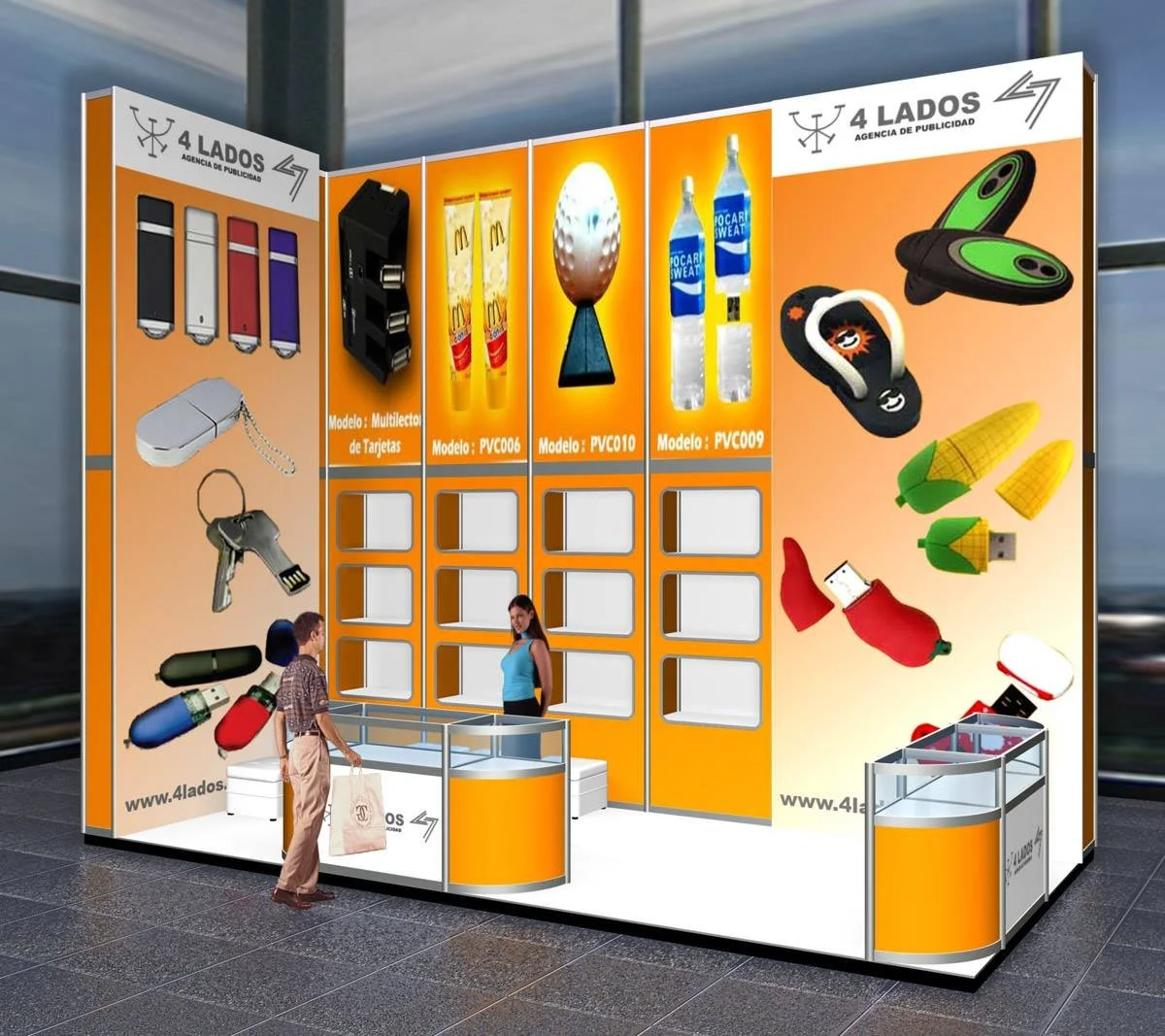 Stand de exhibición con diversos productos promocionales y de tecnología, incluyendo memorias USB, tarjetas multilector, bidones de agua, auriculares, cargadores, cables, y accesorios de invierno, en un entorno de feria.