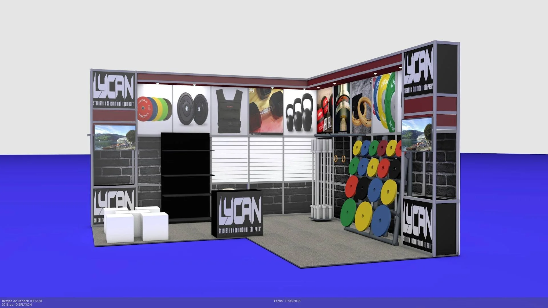 Stán de equipo de gimnasio con pesas, discos, kettlebells y accesorios de entrenamiento, con carteles de la marca LYCAN.