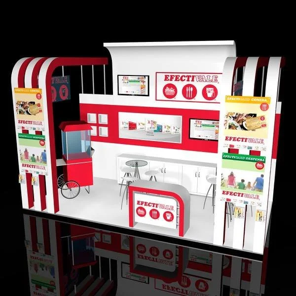 Un stand de exhibición con señalización y gráficos en colores rojo y blanco, que promociona el programa Efectival.