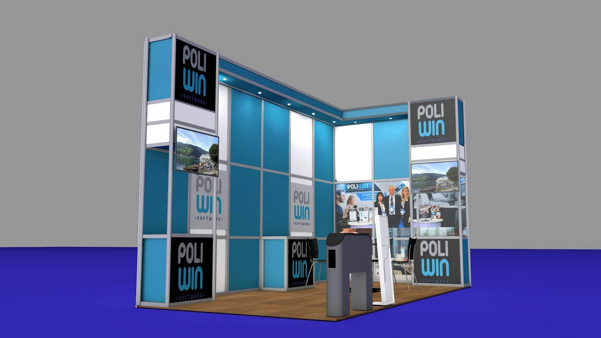 Stand para la empresa POLIWIN, con paredes azules y blancas, pantallas mostrando paisajes y personas, y mobiliario para atención en una exposición o feria.