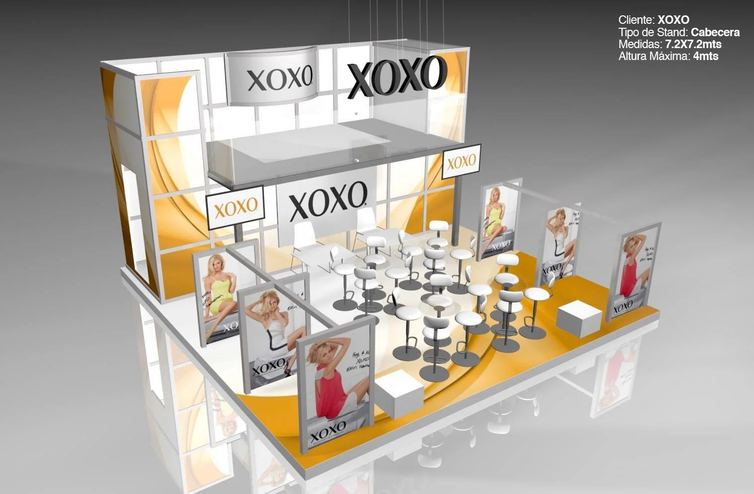 Escaparate de exhibición para la marca XOXO con anuncios de modelos, área con sillas y mostradores, decorado en tonos blancos y anaranjados.