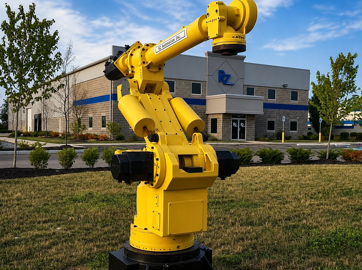 Large yellow industrial robotic arm in front of a commercial building with a sign labeled Rz.