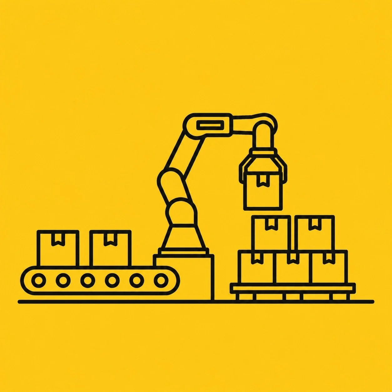 Line drawing of a robotic arm moving boxes from a conveyor belt to a pallet on a yellow background.