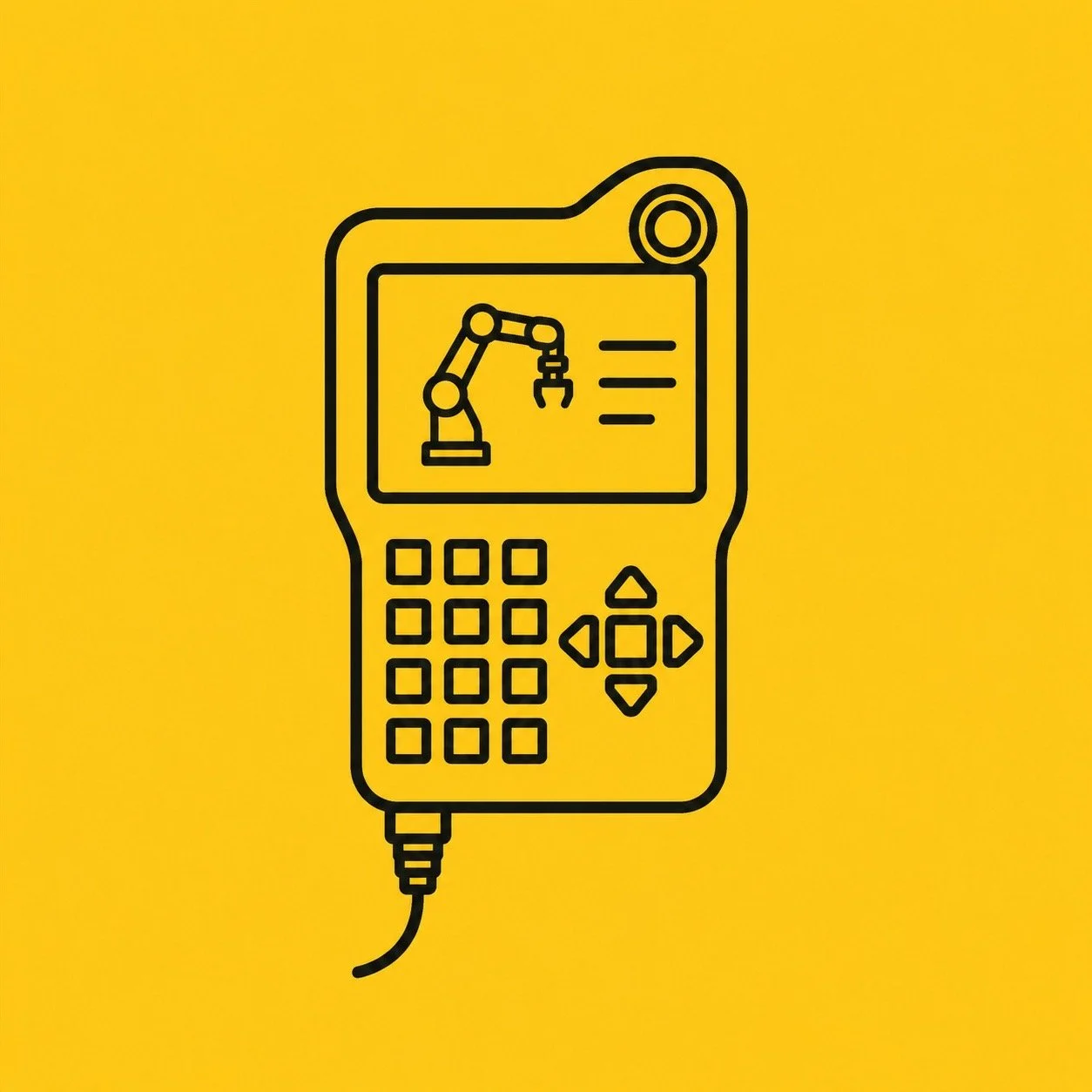 Line drawing of a handheld industrial control device with a digital display showing a robotic arm and buttons, on a yellow background.