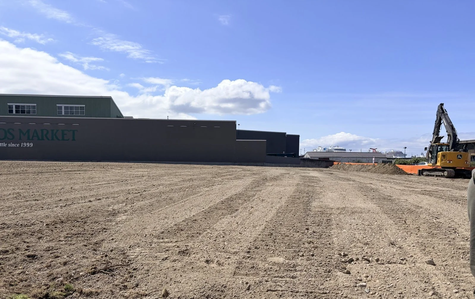 Construction site with a cloudy sky, dirt ground, a building with signs that reads 'LOS MARKET since 1999', and a yellow excavator on the right.